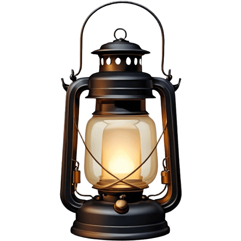 Cinematic Realistic Lantern, an old-fashioned glass lantern with a warm flickering glow, delicate details on the metal handle, softly illuminating the surrounding darkness, glowing with a comforting and nostalgic charm. emoji