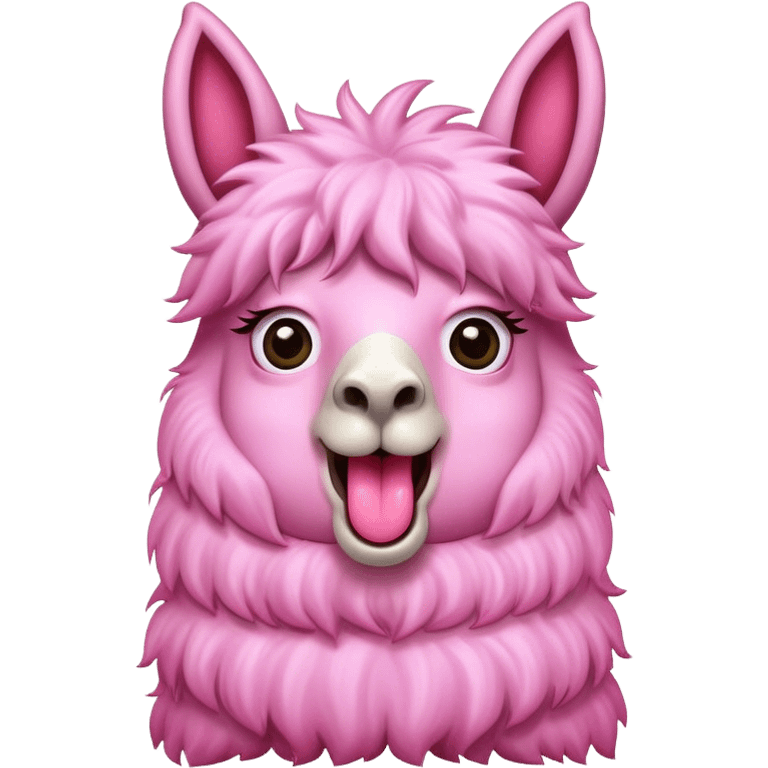 a pink llama with a surprising face, wide eyes, long tongue out emoji