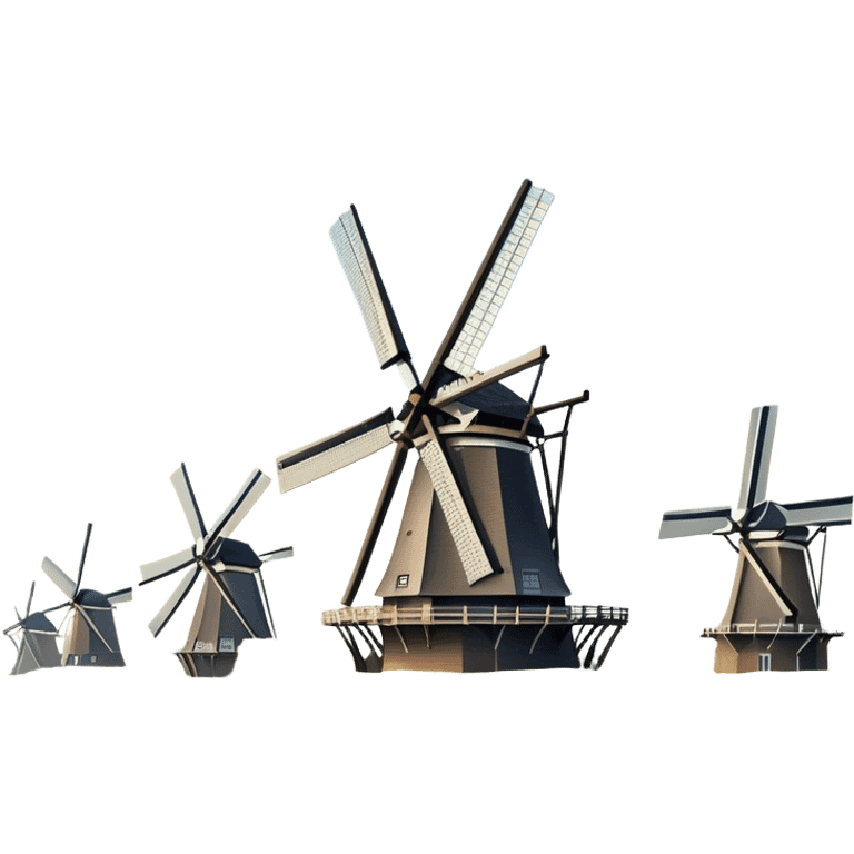 Cinematic Realistic Kinderdijk Windmills Landmark Emoji, depicted as a row of classic Dutch windmills set against a serene sky rendered with detailed textures and soft natural lighting. emoji