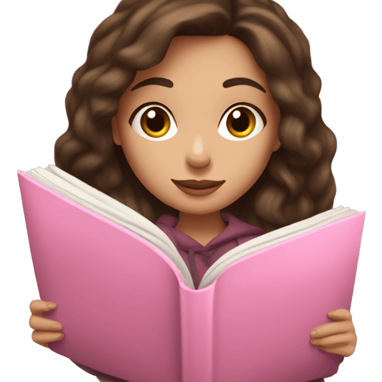 a brunette white girl reading a pink book, she’s cozy and warm with her pillow emoji