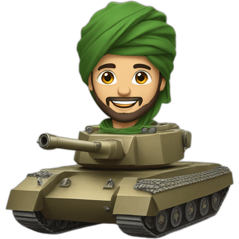 a prince from Saudi Arabia with a beard in a national headdress riding  on a tank, smiling  emoji