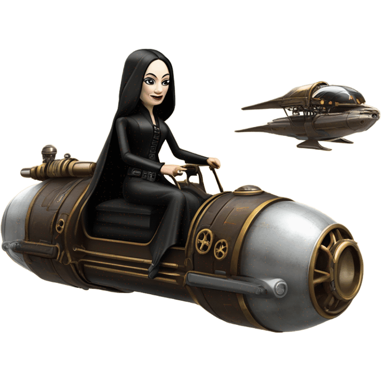 Jedi Morticia Addams flying a Jumpspeeder anti-gravity repulsorlift powered by an imperial speeder steampunk  emoji