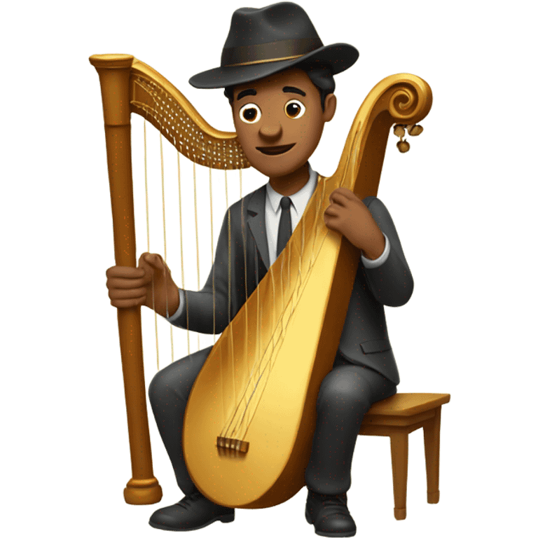 Man with flat bill hat playing a big harp that looks like a banjo  emoji