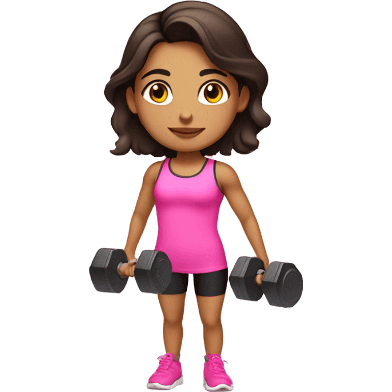 Hispanic girl holding weights doing gym activities in a cute pink outfit emoji