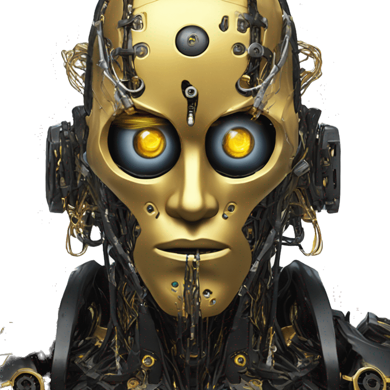 black metal male cyborg head with artificial eyeball, circuitry and wispy yellow gold hair emoji