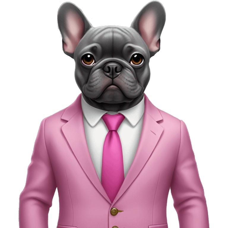 A dark grey French bulldog in a pink suit emoji