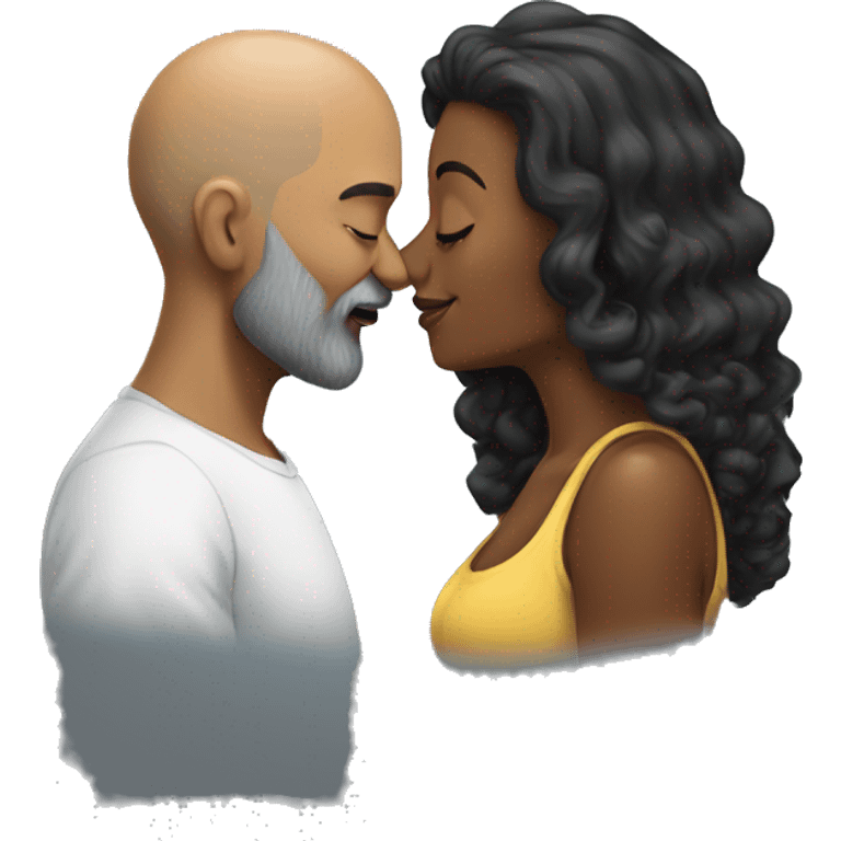 Bald and gray beard man kisses black long hair woman emoji