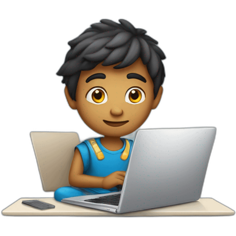 Indian boy with this laptop sitting on saturn emoji