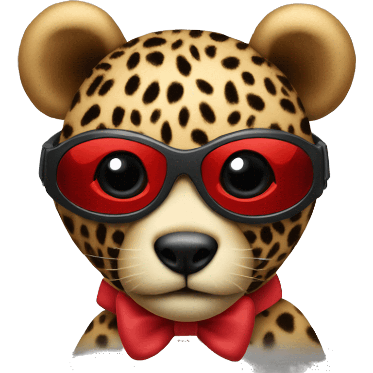 The teddy bear's muzzle is in leopard colour and the bow around the neck is red with black goggles emoji