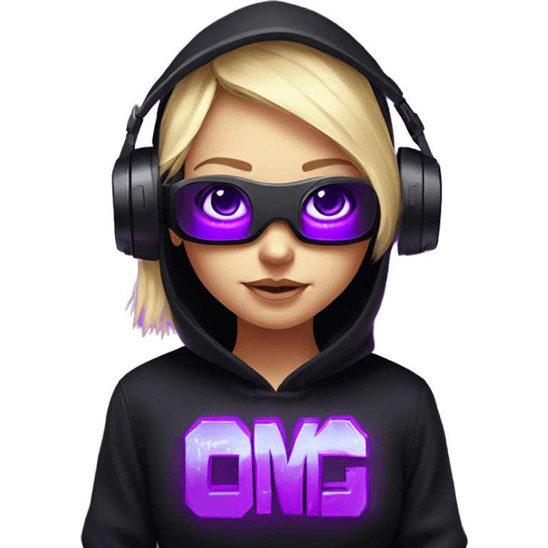 Russian cute blond girl wearing black hoody with violet letters "OMG", in vr headset. Cyberpunk style. Violet neon. emoji