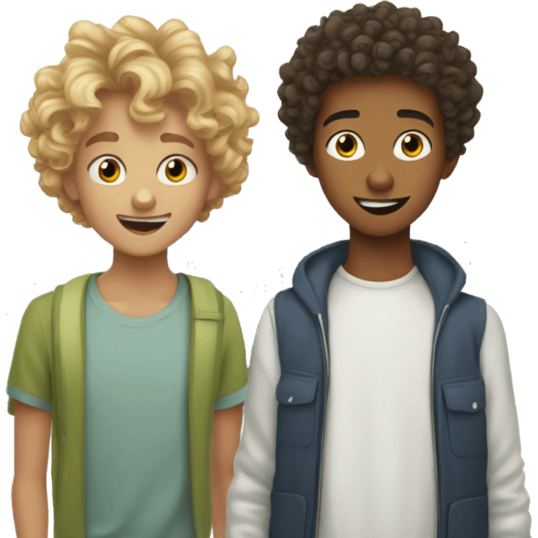 cartoon photo of both a mixed teen with curly hair and white teen boy with wavy short  hair saying shhh emoji