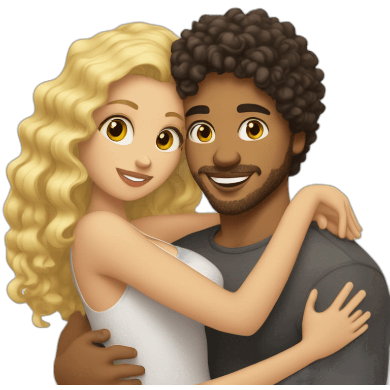 Light skin man with dark curly hair hugging a blonde curvy woman emoji