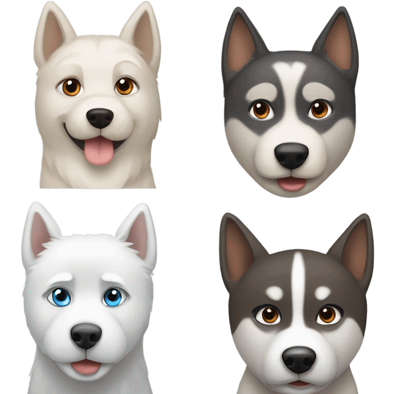 3dog : One. Grey Husky with blue eyes, a beige HUSKY with brown eyes and a white Westies emoji