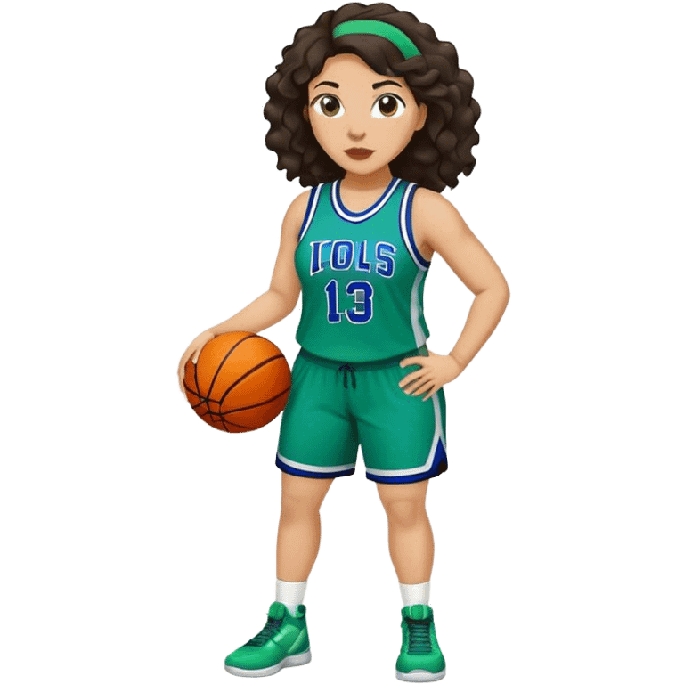 full body plus size light skin latino women basketball player with wavy dark hair large widenose wearing blue and green uniform emoji