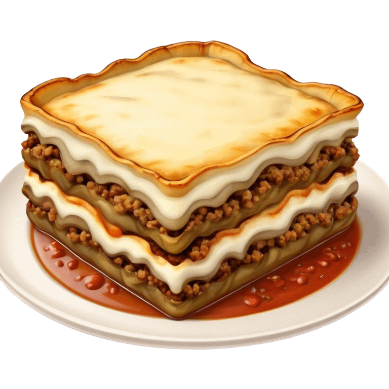 Cinematic Realistic Moussaka Dish Emoji, depicted with layers of eggplant, minced meat, and b√©chamel sauce rendered with rich textures and warm, inviting lighting that captures its Mediterranean flavor. emoji