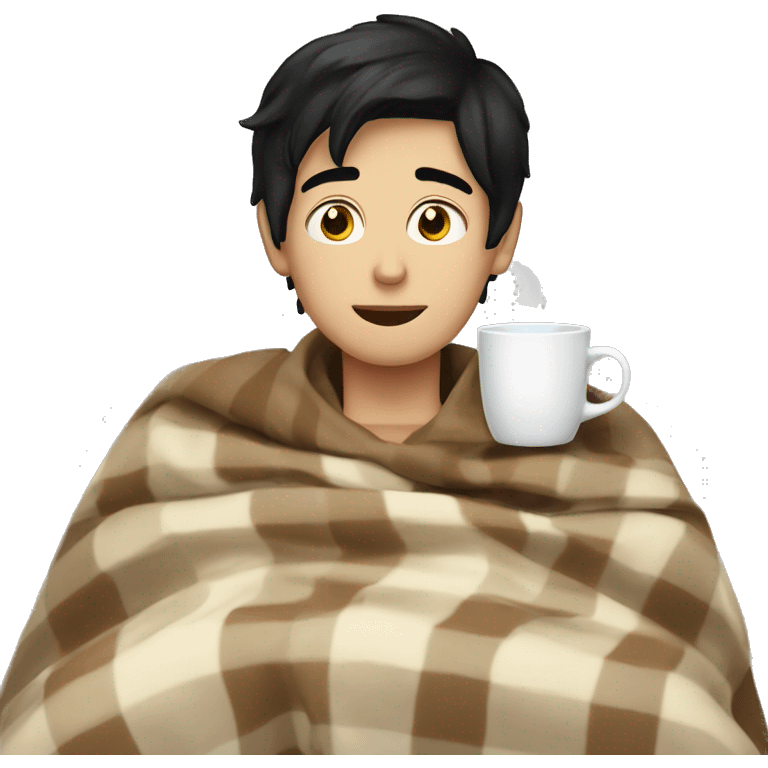 white boy with black hair sipping tea in a blanket  emoji