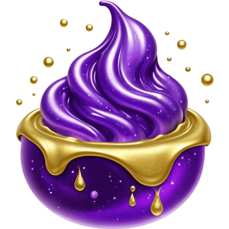 Cinematic Realistic Shiny Slime Mixed with Glitter, thick and glossy with swirling metallic flecks suspended inside, a dynamic mix of deep purple and golden sparkles, light catching every shimmer, flowing smoothly with realistic folds and ripples, glowing with an enchanting, almost liquid-metal effect. emoji