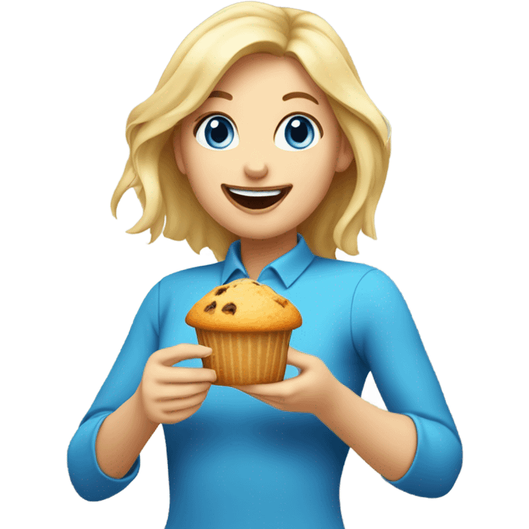 Blonde girl with blue eyes eating a muffin ￼ emoji