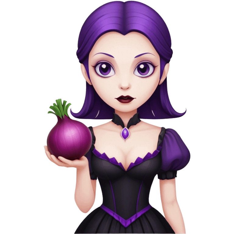 The vampire in black dress, holding a big violet onion  emoji