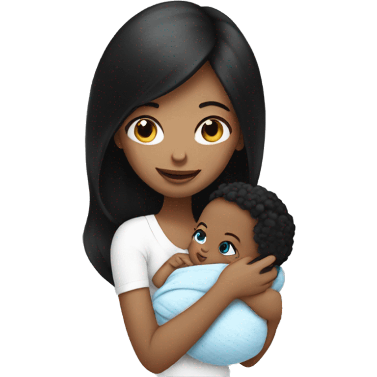 mom holding newborn baby girl with blue eyes white skin black hair and white skin newborn white girl emoji