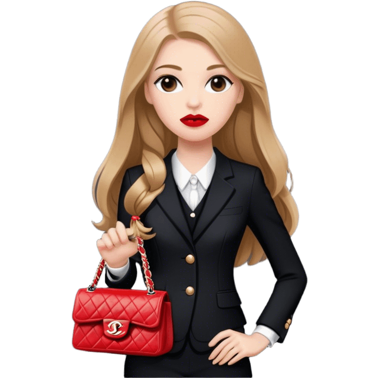 White girl with light brown long hair dressed up in black chanel suit with a chanel bag and red lipstick emoji