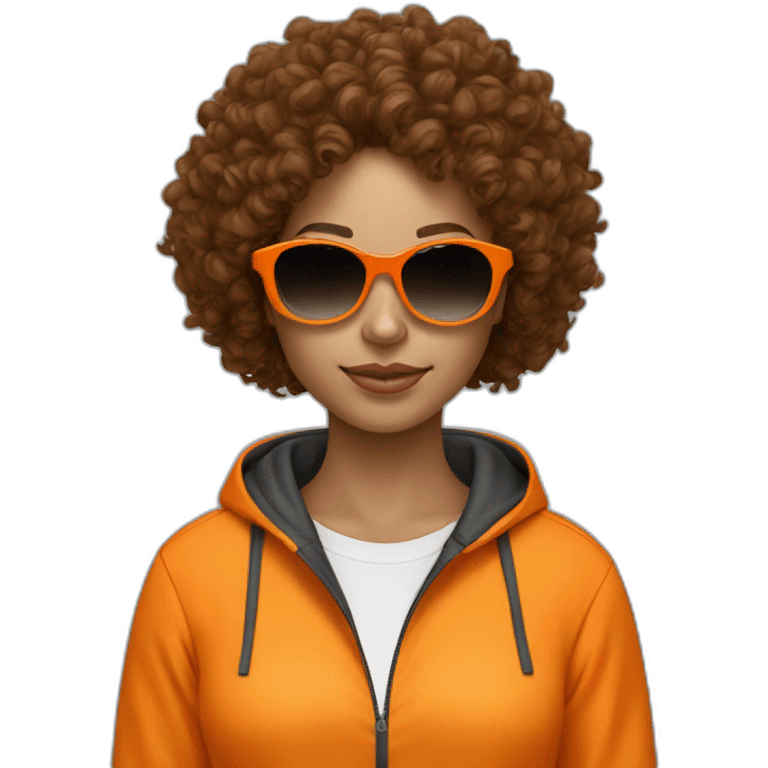 generate a brown curly hair woman with black sunglasses, she wear a orange tracksuit  emoji