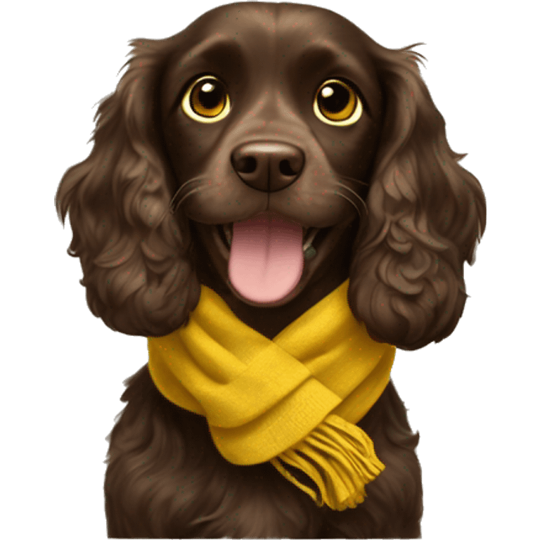 Happy dark brown cocker spaniel in a yellow scarf  emoji