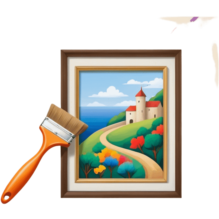 Create an icon that represents the hobby of wall painting, featuring a wall with a beautiful painting in progress. The design should include a paintbrush, a roller, and part of the wall decorated with colorful patterns or a mural. The icon should show the process of creating the artwork, with the brush strokes visible on the wall, symbolizing the artistic nature of the craft. The composition should be balanced and harmonious, evoking creativity and skill. The background should be transparent. emoji