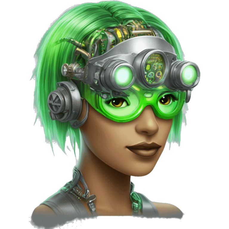 Neon green bobbed hair Latina female cyborg head with silver steampunk goggles and circuits emoji