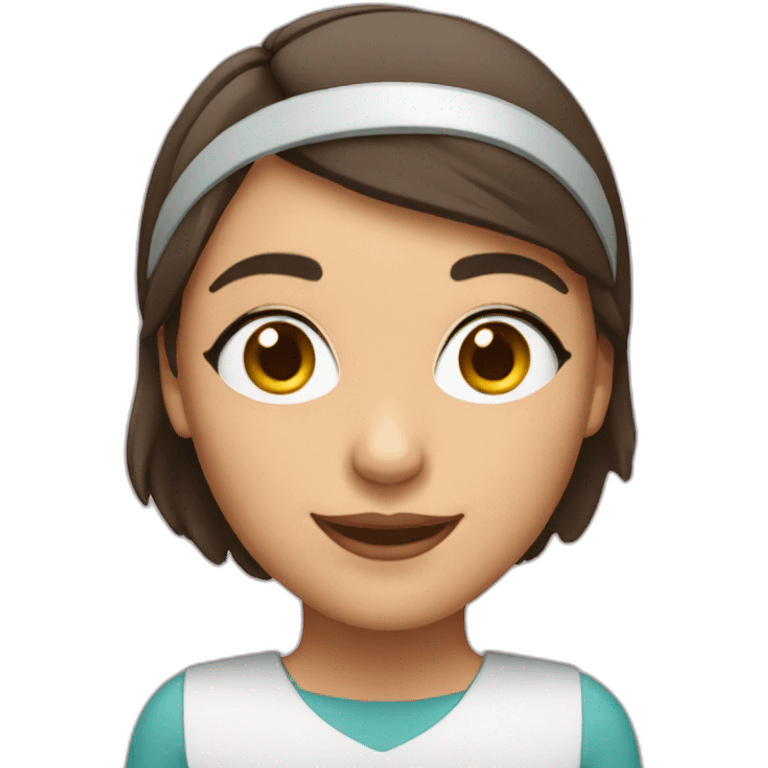 short hair brunette woman smiling with headband at computer emoji