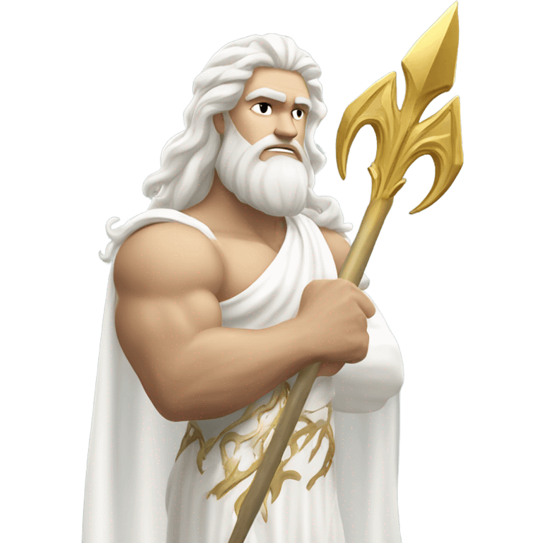 white Poseidon with gold Trident. long white hair white dress. show biceps emoji