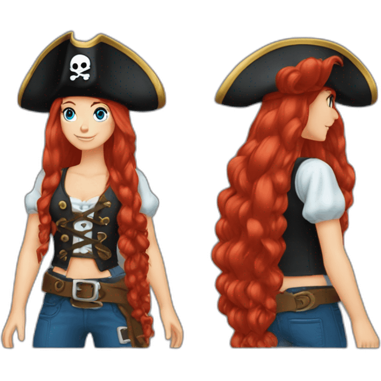 Woman long red hair on one side in a platt.pirate hat. One side of head has no hair. Blue eyes. skull and crossbones t shirt emoji