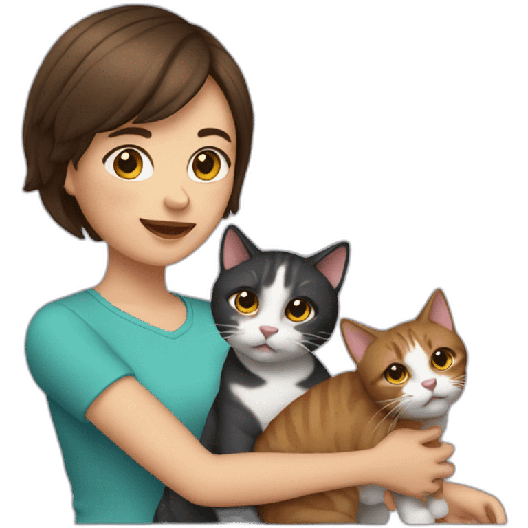 woman with brunette short hair playing with two cats emoji