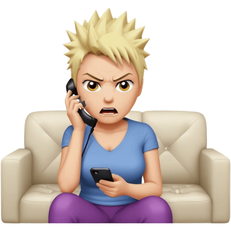 Short Blonde spikey mature woman on the phone angry sat on the sofa emoji