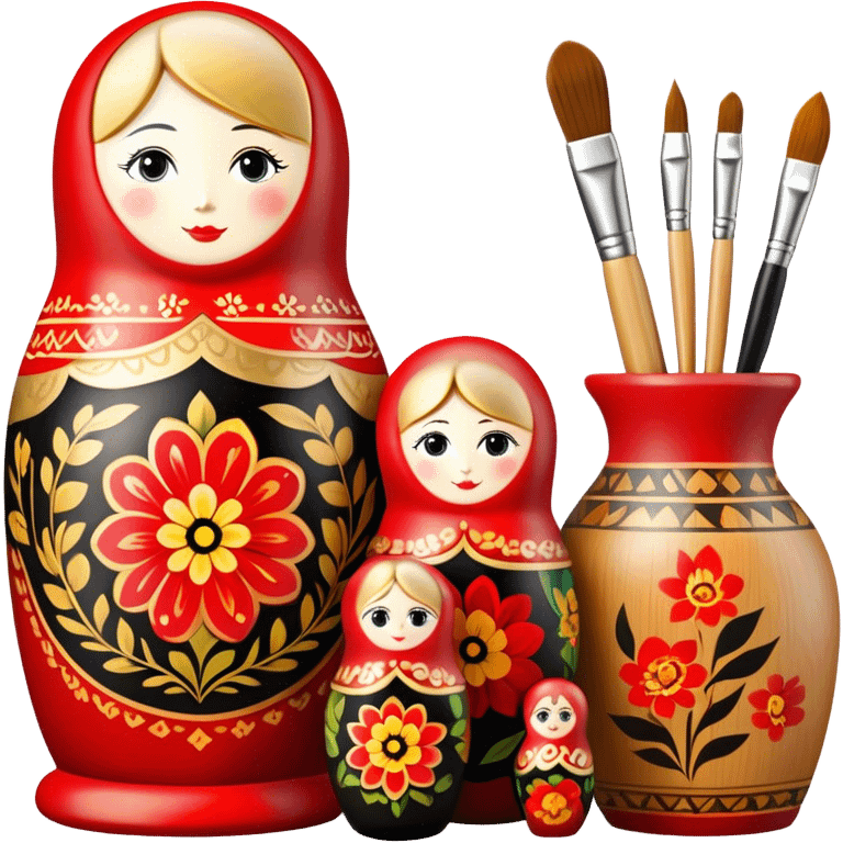 Wood painting icon, painted wooden matryoshkas (nesting dolls) of various sizes, vase, and small wooden box, visible carving tools, paintbrushes, traditional patterns in bright colors like red, gold, and black, no finished artwork, just the crafting process, minimalistic style, clean lines, transparent background. emoji