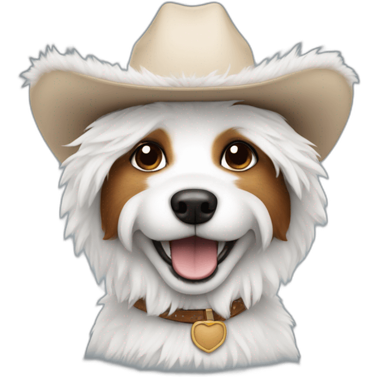 Happy small dog with all white shaggy fur wearing a cowboy hat emoji