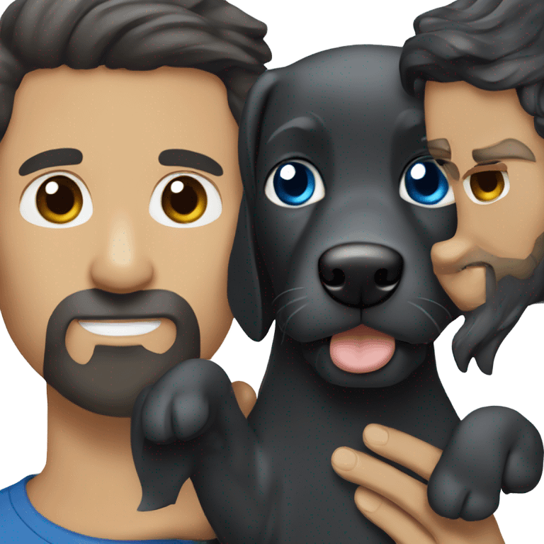 beard man black hair blue eyes holding black Labrador  emoji