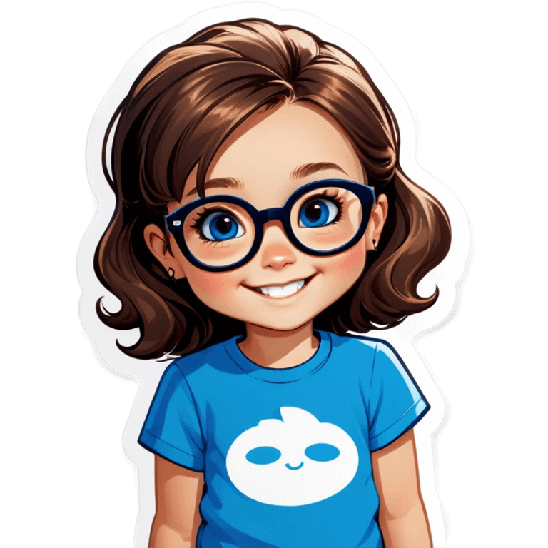 Little Girl, white skin, bronze hair smile tutor black frame glasses, bright blue t shirt emoji