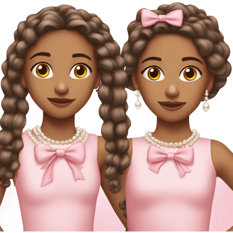 two teenage Latina twins. pink. Long hair. Pink bows. Pearls. Light pink. Diamonds dress. emoji