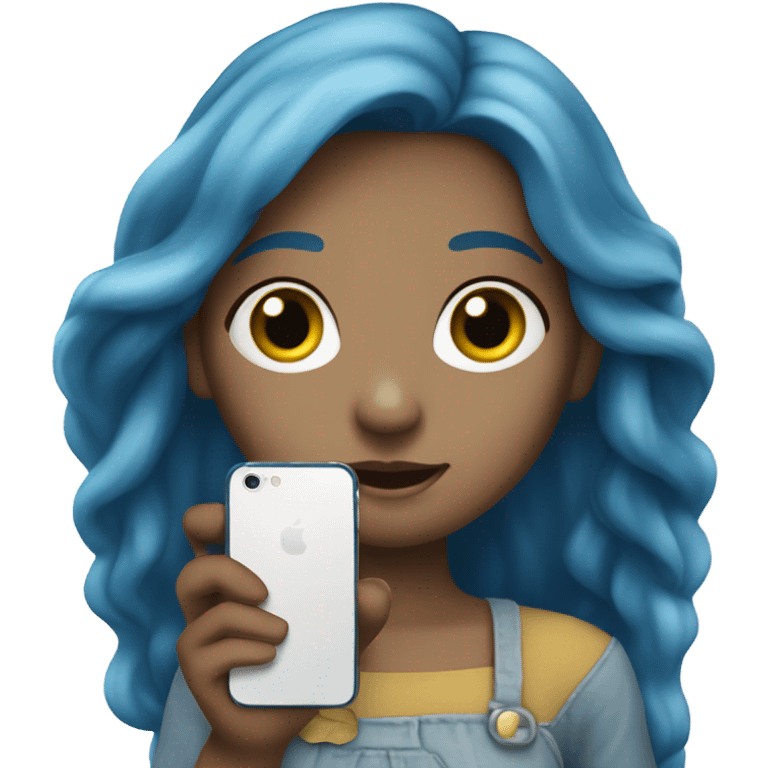 white skin girl with long blue hair holding a phone in her hands emoji