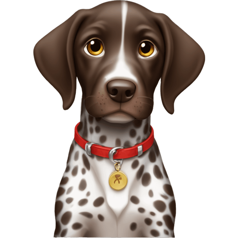 Brown spotted German short haired pointer puppy with ticking with red collar  emoji