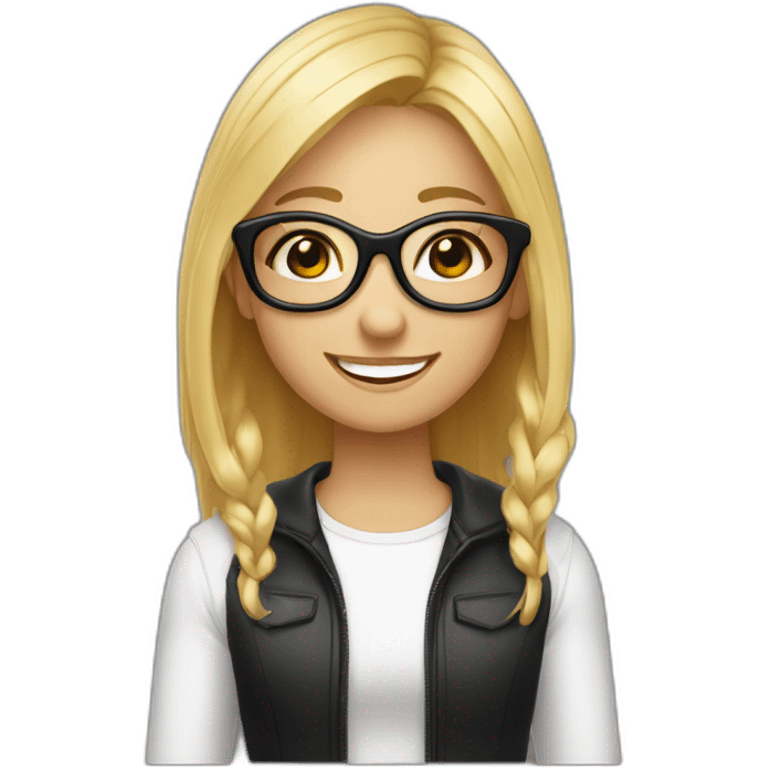 Une fille tismey avec des lunettes noires, des cheveux blonds et les dents blanches avec un sourire  emoji