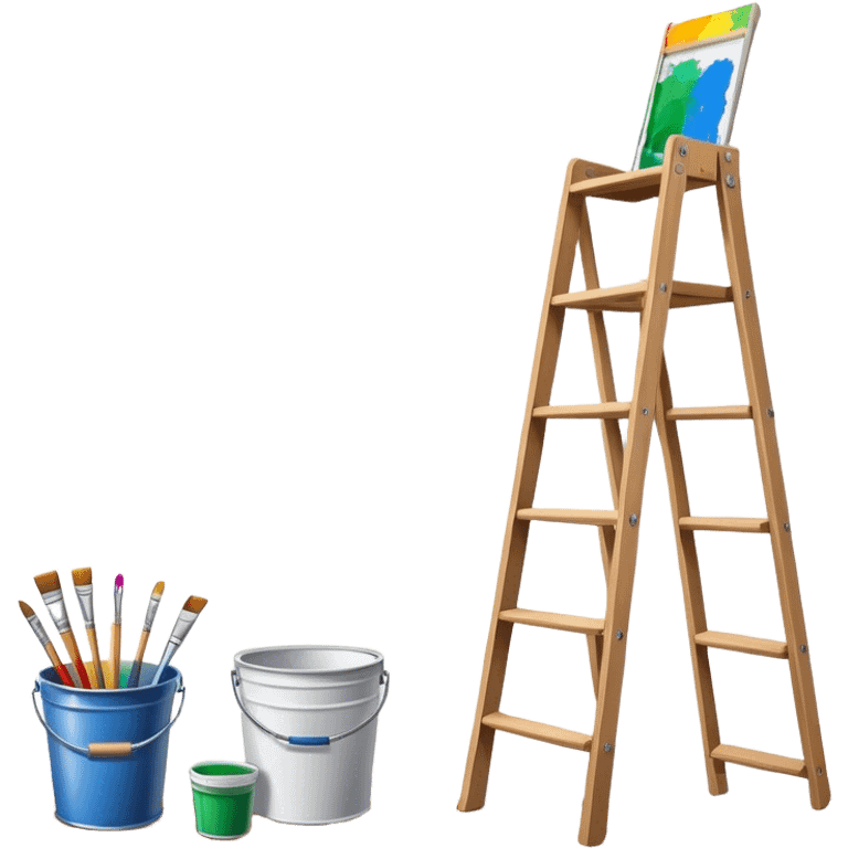 Wall painting icon, wall with an unfinished painting, no frame, a beautiful mural in progress, visible paintbrushes, rollers, and a bucket of paint, wooden ladder beside, minimalistic style, clean lines, transparent background. emoji