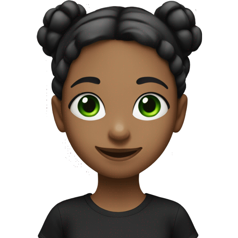 A girl with two black pigtails, in a black T-shirt, with green eyes and a cute smile emoji