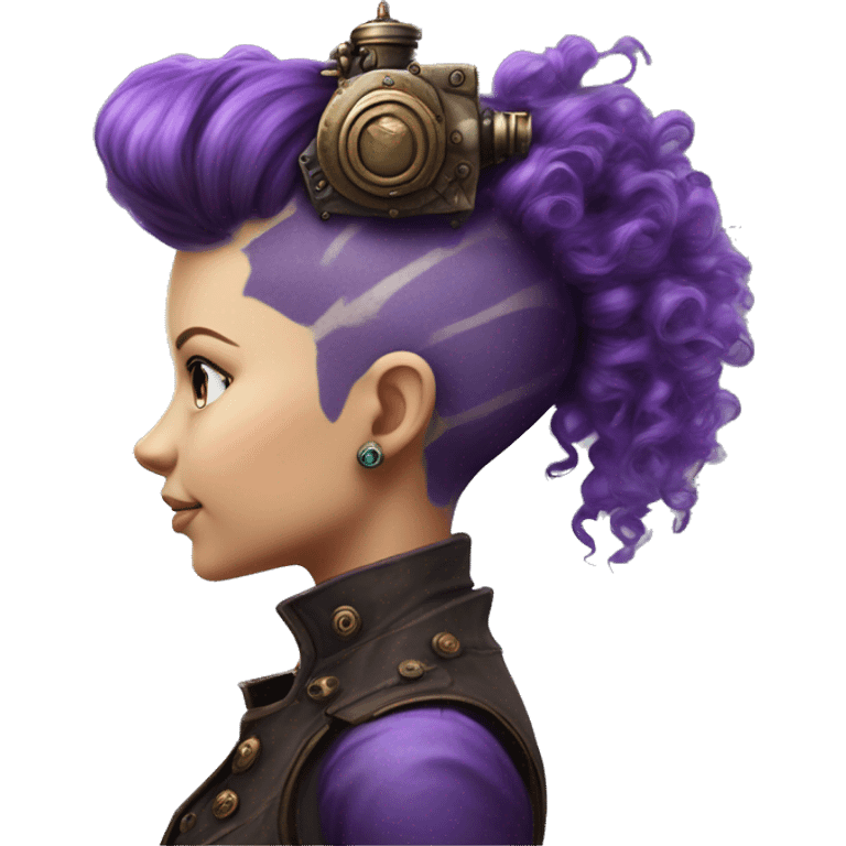 Photorealistic steampunk profile short mohawk purple  curl on Caucasian girl with small nose round face emoji