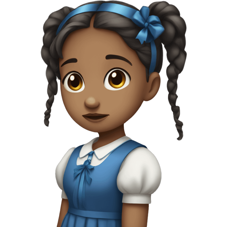 little girl with dark pigtails, blue ribbons, blue dress, big sad brown eyes emoji