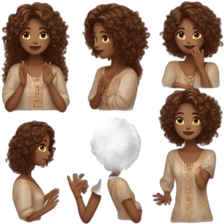 woman-designer in boho style (white skin, brown middle curly hair) shows heart with her hands emoji