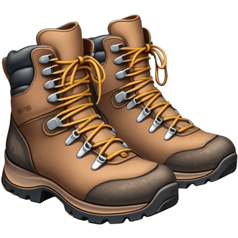 Cinematic Realistic Hiking Boots, well-worn leather boots resting on a rocky trail, scuffed edges and dirt-speckled laces adding character, glowing softly under the dappled sunlight filtering through the trees. emoji