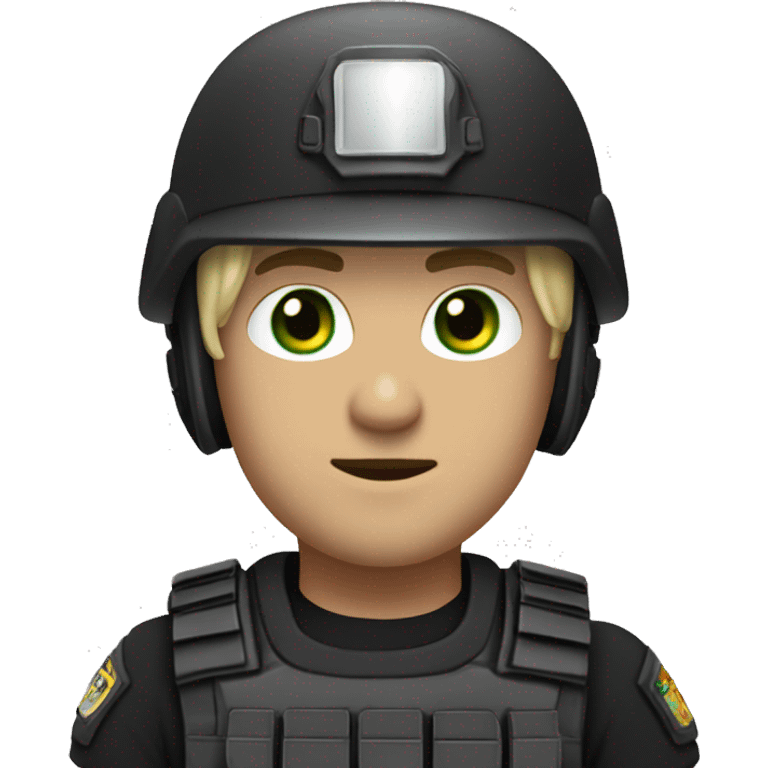 male swat officer wearing a helmet, white skin and dirty blonde hair, and green eyes emoji