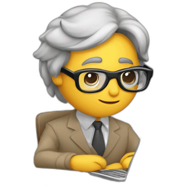 Periodista escribiendo en la computadora con lentes grabadora cámara lápiz y cuaderno, moreno y de pelo rizado emoji